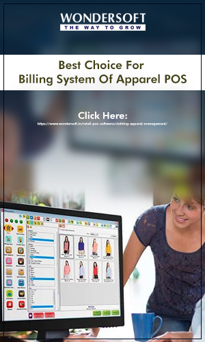 Beautiful and smiling business woman using point of sale billing software in apparel store.